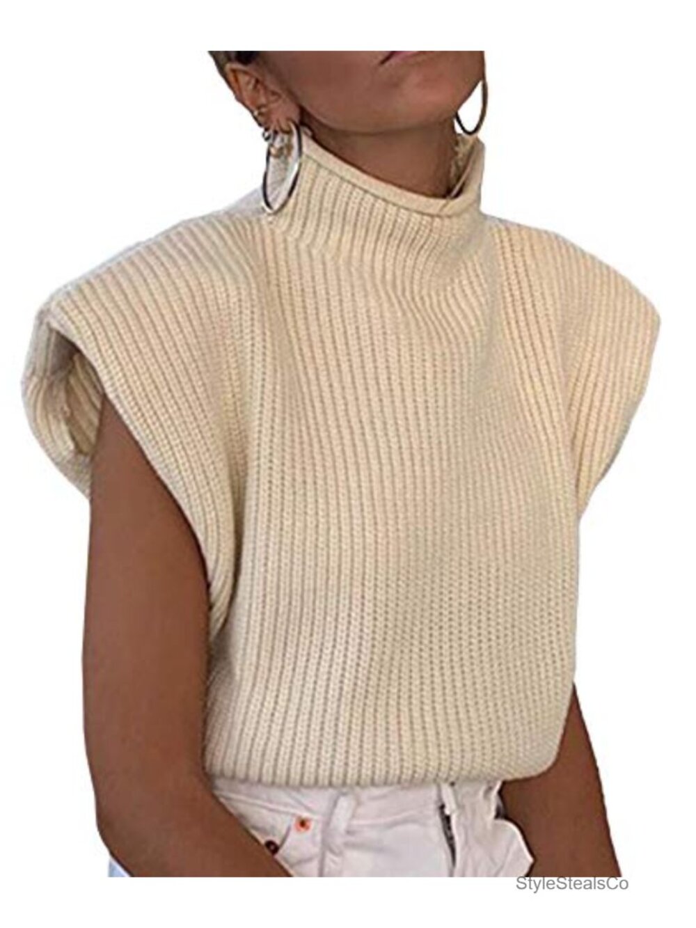 Womens Sweater Vest Sleeveless Mock Turtleneck Shoulder Pad Ribbed Knit Top